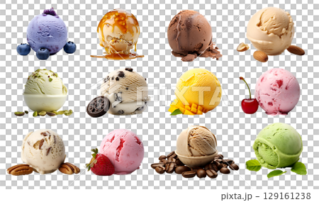 Ice cream scoop ball with fruits toppings on transparent background cutout. PNG file. Many assorted different flavour Mockup template for artwork design 129161238