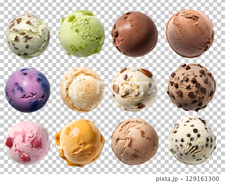 Ice cream scoop ball on transparent background cutout, top view. PNG file. Many assorted different flavour Mockup template for artwork design 129161300