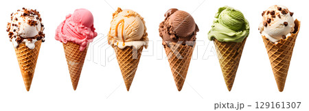 Ice cream scoop on waffle cone on transparent background cutout, PNG file. Many assorted different flavour Mockup template for artwork design 129161307