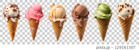 Ice cream scoop on waffle cone on transparent background cutout, PNG file. Many assorted different flavour Mockup template for artwork design 129161307