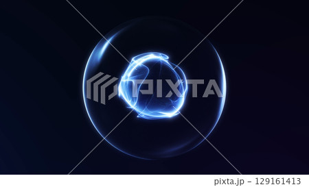 Glowing blue energy sphere with electric plasma effect on dark background. Abstract digital concept perfect for science, technology, and AI visual projects. Glowing blue energy sphere with electric plasma effect on dark background. Abstract digital concept perfect for science, technology, and AI visual projects. 129161413