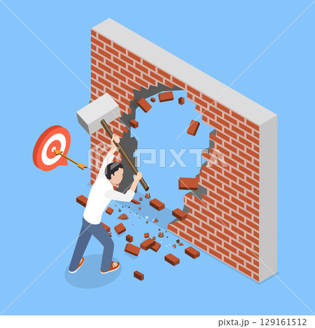 3D Isometric Flat Vector Illustration of Breakthrough to Goal, Ambitious Young Businessman Smashing Wall To Achieve Business Success 3D Isometric Flat Vector Illustration of Breakthrough to Goal, Ambitious Young Businessman Smashing Wall To Achieve Business Success 129161512