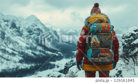 雪山を旅するカラフル装備の登山者 129161845