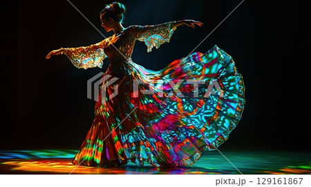 光を反射するフラメンコ風ドレスで舞う女性 129161867