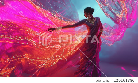 ネオンに輝くインド風サリーのダンサー 129161886