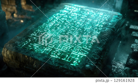 光を放つ古代の石板に刻まれた謎の文字 129161928