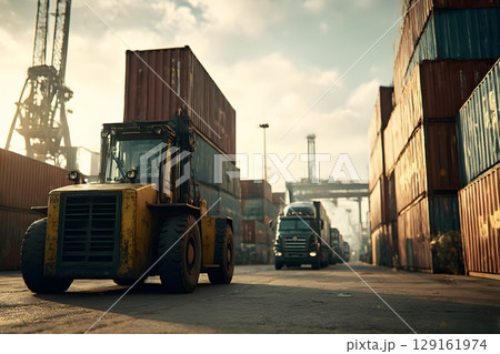 Yellow forklift moves a large container at a bustling port, with stacked cargo and transport trucks signifying efficient logistic operations. Yellow forklift moves a large container at a bustling port, with stacked cargo and transport trucks signifying efficient logistic operations. 129161974