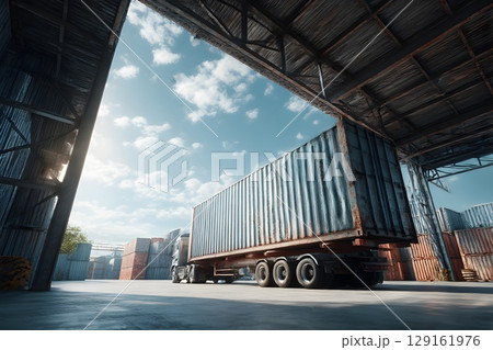 A massive freight truck carries a large shipping container into an expansive logistic warehouse facility, ready for global distribution. A massive freight truck carries a large shipping container into an expansive logistic warehouse facility, ready for global distribution. 129161976