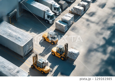 An aerial view shows a busy logistics center with large trucks and forklifts handling cargo containers and pallets at a shipping dock. An aerial view shows a busy logistics center with large trucks and forklifts handling cargo containers and pallets at a shipping dock. 129161985