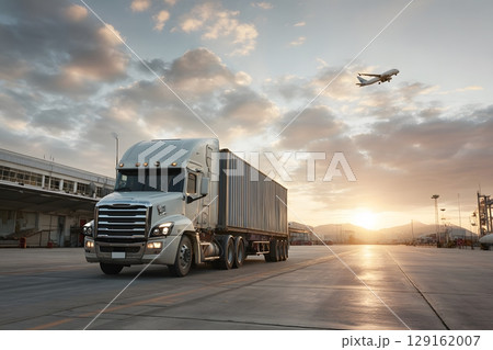 White truck carrying cargo containers moves on the road as an airplane takes off at sunset, representing efficient global logistic transport. White truck carrying cargo containers moves on the road as an airplane takes off at sunset, representing efficient global logistic transport. 129162007