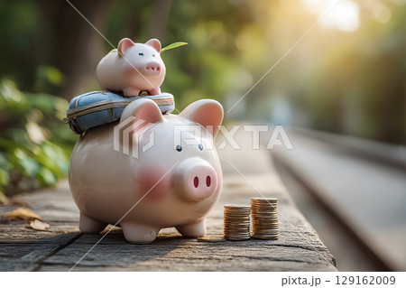 Piggy banks and stacked coins sit together on wood, symbolizing the important act of saving money for long term financial growth. 129162009