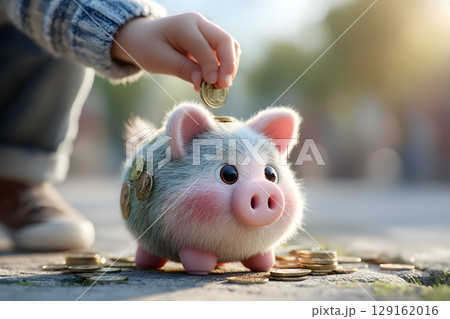 A bright coin enters the inviting slot of a charming piggy bank, demonstrating the important and positive process to save money. 129162016