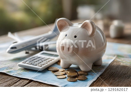 A ceramic piggy bank collects money, with a map, coins, and a toy airplane nearby, representing savings for a vacation journey. 129162017