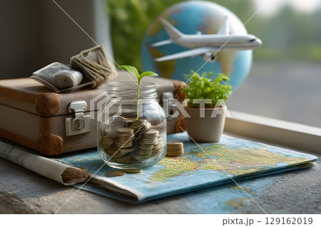 Coins in a glass jar with a growing plant represent saving money for exciting global travel and future adventures. 129162019