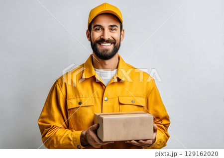 A smiling courier in a yellow uniform holds a brown package, ready for swift parcel delivery service. 129162020