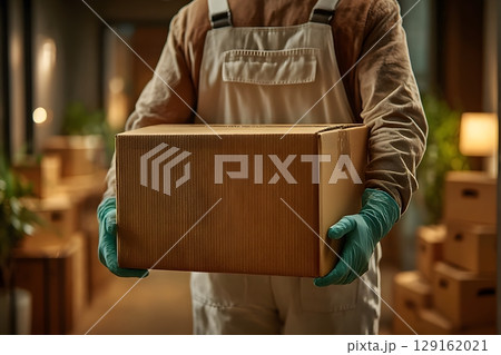 A brown cardboard parcel box is securely held by gloved hands, showing the action of delivering a package indoors. 129162021