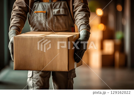 A person wearing protective work gloves securely holds a brown cardboard box, ready for efficient parcel transportation and swift delivery. 129162022