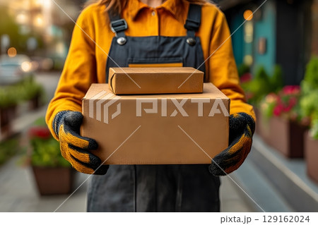 Gloved hands are securely holding two brown cardboard packages, prepared for the crucial moment of prompt parcel delivery outdoors. 129162024