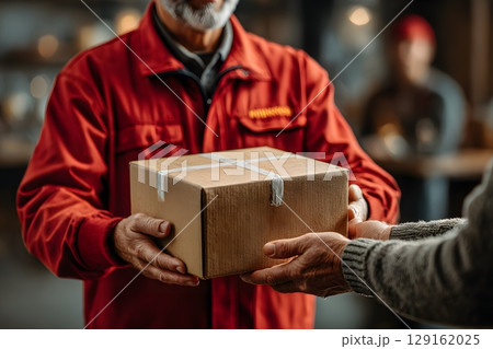 Hands are actively delivering a brown parcel, passing the sealed package to another individual, completing the essential shipment process. 129162025