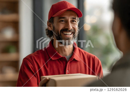 A happy delivery person in a vibrant red uniform is smiling broadly while efficiently delivering a brown parcel package to a waiting customer. 129162026