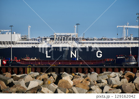 Mukran/Germany: 02-24-2024 Energos Power - LNG Offshore Support Vessel, IMO 9861809 on arrival day in Mukran Harbor for installing LNG supply of Germany Mukran/Germany: 02-24-2024 Energos Power - LNG Offshore Support Vessel, IMO 9861809 on arrival day in Mukran Harbor for installing LNG supply of Germany 129162042