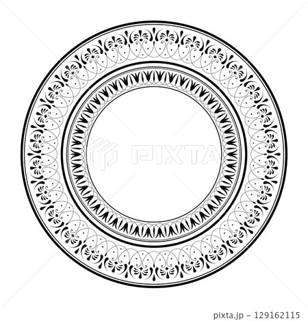 Round black and white floral european pattern plate. Ethnic circle ornament of Ancient Greece, Roman Empire. Pattern frame for round surfaces, invitations, textiles, engraving, embroidery, porcelain 129162115