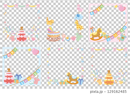 キッズ＆ベビー用ベビーシャワーSNSフレームのベクターイラスト素材詰め合わせセットA 129162485