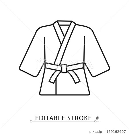 A kimono icon in minimalist style with editable stroke. Martial arts uniform, training gear, combat sport clothing, traditional outfit, fitness apparel, cultural element, outline garment, flat design. 129162497