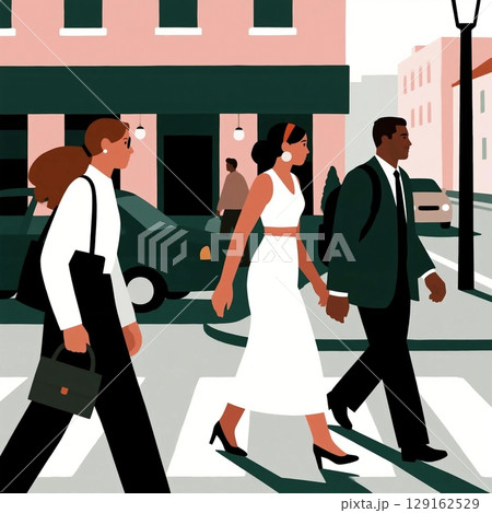 ビジネス街をあるく女性、男性のシルエットイラスト 129162529