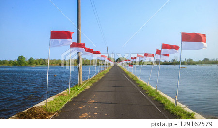 Indonesian flags stands along the village road with water on both sides. celebrate Indonesia independence day concept in countryside on August 17 Indonesian flags stands along the village road with water on both sides. celebrate Indonesia independence day concept in countryside on August 17 129162579