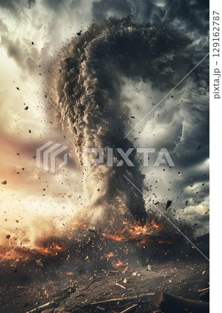 A tornado emerges from the sky, wreaking havoc on a city A tornado emerges from the sky, wreaking havoc on a city 129162787