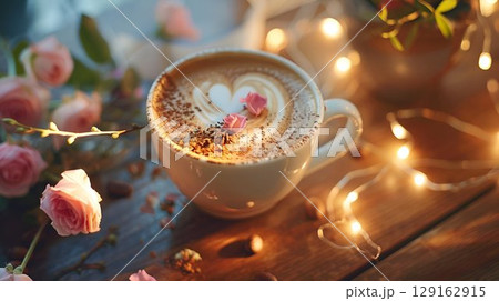Coffee cup with heart in milk on wooden table with flowers and lights 129162915