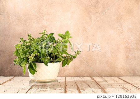 Peppermint in a cup on a wooden table, Flower arrangement of wild medicinal herbs, collection of useful herbs for treatment according to folk recipes, green pharmacy advertisement Peppermint in a cup on a wooden table, Flower arrangement of wild medicinal herbs, collection of useful herbs for treatment according to folk recipes, green pharmacy advertisement 129162938