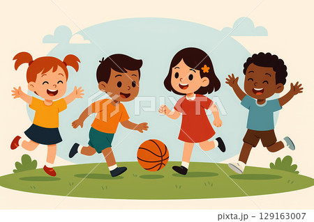 Cheerful Children Running and Playing with Ball 129163007