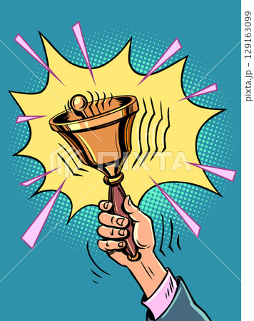 Hand rings the bell. New notifications and news. Announcement of upcoming discounts and promotions. 129163099