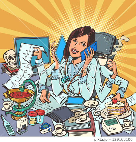 A female doctor manages to do everything at the same time. High workload, overtime. A versatile specialist in medicine. 129163100