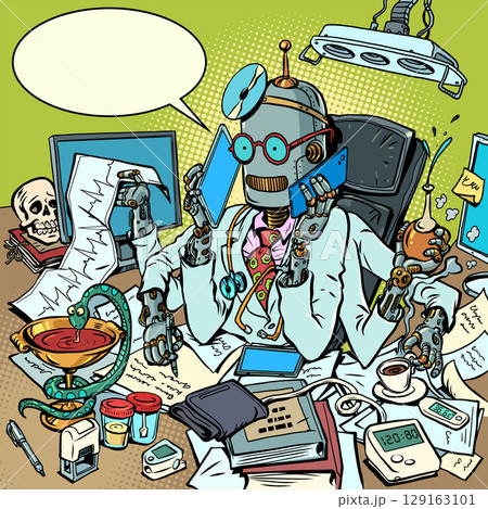 Robot doctor manages to do everything. Replacement of specialists with artificial intelligence. Universal AI specialist in medicine. Robot doctor manages to do everything. Replacement of specialists with artificial intelligence. Universal AI specialist in medicine. 129163101