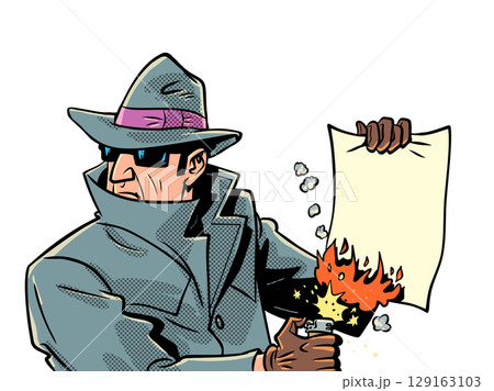 Male spy burns evidence. Security and privacy in the modern world. Criminal hides traces of crime. 129163103