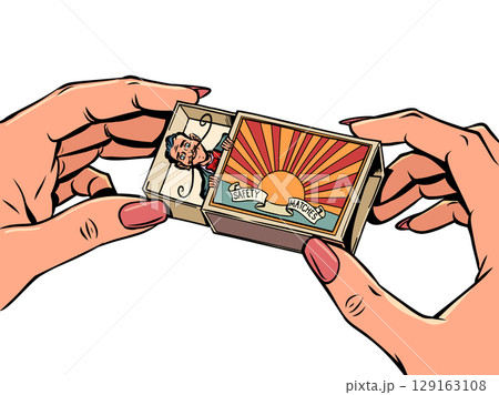 Women's hands hold a box, in it a mustachioed man. Personal recommendations and selections. Random meetings and circumstances. Women's hands hold a box, in it a mustachioed man. Personal recommendations and selections. Random meetings and circumstances. 129163108