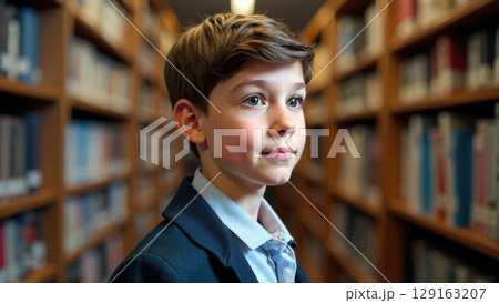 Charming Caucasian schoolboy in formal suit smiling among library bookshelves. Celebrates classic student fashion and intellectual curiosity 129163207