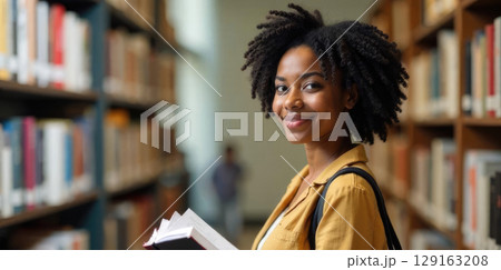 portrait of a smiling adult African-American female student with curly hair in a yellow blouse, holding a book in her hands, against the background of a library 129163208