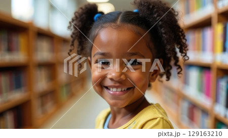 Adorable young Black girl laughing joyfully in library setting. Uplifting representation of minority students' academic potential and curiosity 129163210