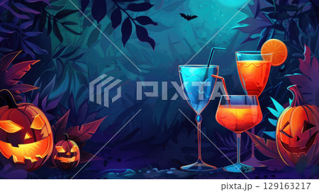 Dark elegant Halloween party banner featuring watercolor citrus cocktails and pumpkins illustration. Horizontal layout with dedicated text space for custom invitation message or branding 129163217
