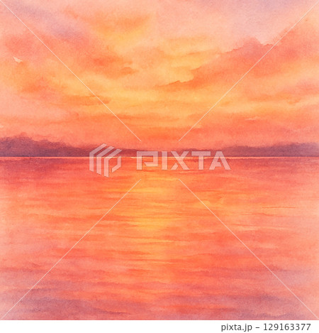夕焼けに染まる湖の水彩風景背景 129163377