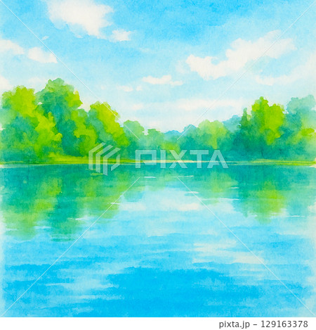 新緑と青空が映る湖の水彩風景イラスト 129163378
