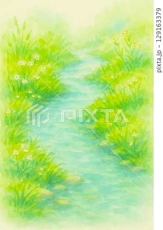 緑の草むらと小川の水彩背景イラスト 129163379
