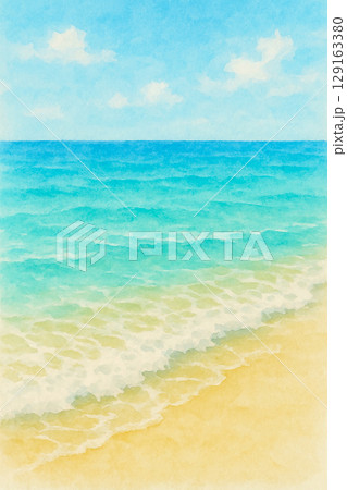 白い砂浜と波打ち際の水彩風イラスト背景 129163380