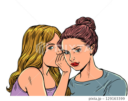 Pop Art Retro Dialogue between women in secret. Women whisper looking straight ahead. Rumors and gossip behind the back. 129163399