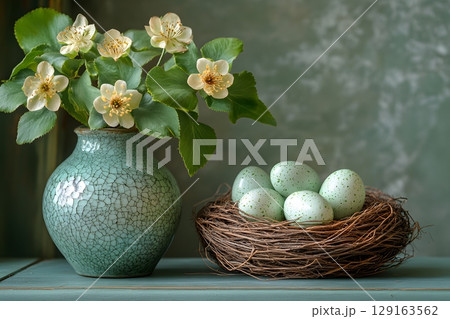 Spring Decor: Floral Arrangement with Easter Eggs in a Rustic Nest for Home Design Generative AI Spring Decor: Floral Arrangement with Easter Eggs in a Rustic Nest for Home Design Generative AI 129163562