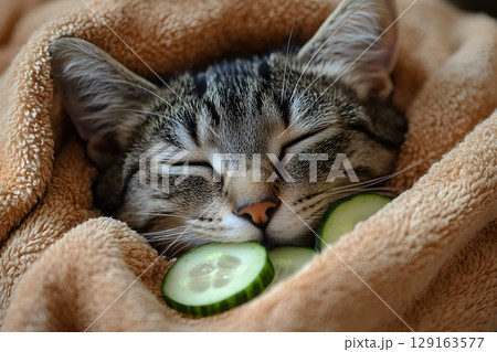 Cozy Cat Relaxing with Cucumber Wellness Concept for Tranquil Design Generative AI 129163577